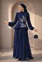 Satin Textured Janjanlı Evening Dress Shawl K. Indigo 102 - 2
