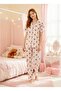 Mother & Daughter Ecru Color Pink Striped Teddy Bear Pattern Cute Spring Shirt Collar Buttoned Children's Pajama Set - 6