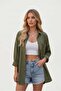 Khaki Oversized Summer Linen Shirt 100% Cotton Pocketed Trend Wide Fit Drop Shoulder Women - 7