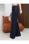 Women's Dark Navy Blue Stretch Fabric High Waist Wide Leg Palazzo Denim Jean Trousers - 5