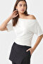 White Asymmetrical Gathered Waist Fitted 97% Cotton Short Sleeve Blouse - 2