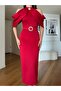 Women's Red Imported Summer Scuba Fabric Belted Tassel Brooch Detail Lined Design Dress - 5