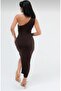 İsabella Acikahve One Shoulder Detailed Draped Y Slit Dress - 4