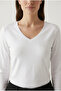 Women's White 100% Cotton V-Neck Long Sleeve Basic T-Shirt Regular Fit - 3