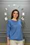 Women Light Blue Boat Neck Stretch Fabric 100% Cotton Yarn Thin Knitwear Blouse - 4