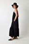 Women's Drawstring Collar Strap Long Dress Black – Pocketed , Ruffled Designs, Comfortable Cut, Summer Wear Lightweight Textured - 5