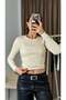 Women's long sleeve ribbed knit blouse with stone embellishments - beige