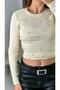 Women's long sleeve ribbed knit blouse with stone embellishments - beige - 2