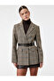 Long Sleeve Plaid Blazer Jacket with Pockets and Belt - 2