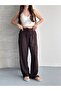 Women's Brown Textured Casual Pants with Elastic Waist - 4