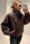 Viral Oversize Women's Leather Jacket High Collar Burgundy Urban Style Women's Leather Jacket - 6