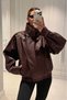 Viral Oversize Women's Leather Jacket High Collar Burgundy Urban Style Women's Leather Jacket - 3