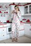Ecru Color Red Heart & Teddy Bear Pattern Bow Detail Soft Women's Pajama Set - 3