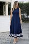 Women's Strappy Round Neck Long Viscose Dress with Stripe Detail at the Hem