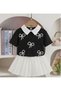 Ribbon Embroidered Blouse and Pleated Skirt Girls' Set-Black