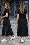 Women's Short Sleeve Crew Neck Side Slit Lace Detailed Long Viscose Dress