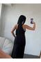 Button Detailed Gathered Halter Neck Black Maxi Dress - 3
