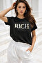 Women's Black 100% Cotton Embroidered Crew Neck T-Shirt - 4