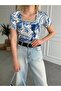 Women's Blue Cream Patterned Square Collar Lined Short Sleeve Viscose Elastane Blouse