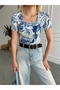 Women's Blue Cream Patterned Square Collar Lined Short Sleeve Viscose Elastane Blouse - 2