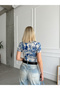 Women's Blue Cream Patterned Square Collar Lined Short Sleeve Viscose Elastane Blouse - 5