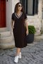 Women's Ribbed Detailed V-Neck Midi Length Summer Viscose Dress - 3