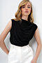 Women's Black High Collar Shoulder Draped Sleeveless Sandy Blouse ALC-X10021 - 5