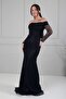 Women's Boat Neck Draped Lined Long Sleeve Lace Mermaid Dress