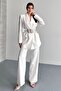 Women's Double Blazer Jacket and Palazzo Pants - 3 Belted Blazer Jacket with Gold Buckle Double Breasted Cut