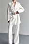 Women's Double Blazer Jacket and Palazzo Pants - 3 Belted Blazer Jacket with Gold Buckle Double Breasted Cut - 4