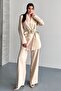 Women's Double Blazer Jacket and Palazzo Pants - 3 Belted Blazer Jacket with Gold Buckle Double Breasted Cut