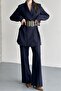 Women's Double Blazer Jacket and Palazzo Pants - 3 Belted Blazer Jacket with Gold Buckle Double Breasted Cut - 5
