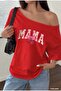 تي شيرت نسائي كبير الحجم مطبوع عليه MAMA CHERRY بياقة قاربية