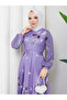 Digital Printed Wheat Patterned Lilac Pleated Dress - 3