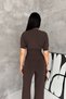 Women's Brown Knitwear Set Zippered Top High Waist Wide Leg Pants Bottom Top Set - 8
