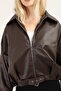 Women's Brown Oversize Faux Leather Bomber Jacket with Belt Buckle Pilot Jacket - 8