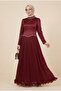 Satin Bottom Janjan Chiffon Stone Detailed Flounced Evening Dress - Burgundy - 3