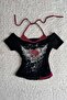 Black Rose Red Heart Additional Strap Gothic Y2K Short Sleeve Crop Blouse