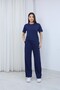 Women's Navy Blue Modal Fabric Stone Detailed Top and Bottom Set - 3