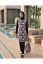 Black Patterned, Fully Covered, Boneli Bagged, Water Repellent Parachute Fabric Hijab Pool/Sea Swimsuit _2307 - 5