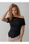 New Product Women's Cotton Fabric Gathered Detailed Asymmetrical Cut Off Shoulder Blouse - 3