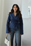Navy Blue Striped Shirt with Twisted Detail on the Front - 3245