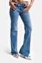 Women's Blue T-4S6-4 Flare Fit Low Waist Stone Detailed Special Design Denim Jeans - 2
