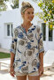 Beige-Blue High Collar Buttoned 3/4 Sleeve Floral Slit Casual Cotton Oversize Woven Shirt 73 60 - 6