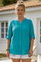 Turquoise Court Collar Buttoned 3/4 Sleeve Embroidered Slit Casual Cotton Woven Shirt 73 60