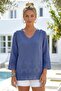 Purple V-Neck 3/4 Sleeve Embroidered Casual Cotton Woven Blouse 65 60 - 4