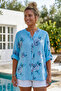 Turquoise Court Collar Buttoned 3/4 Sleeve Floral Slit Casual Cotton Oversize Woven Shirt 73 60 - 5