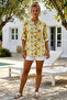 Yellow Court Collar Buttoned 3/4 Sleeve Leaf Patterned Slit Casual Cotton Oversize Woven Shirt 73 60 - 3