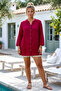 Dark Red Court Collar Buttoned 3/4 Sleeve Embroidered Slit Cotton Oversize Woven Shirt 73 60 - 5