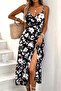 Women's Rope Strap V-Neck Elastic Waist Patterned Slit Midi Single Jersey Dress - 3